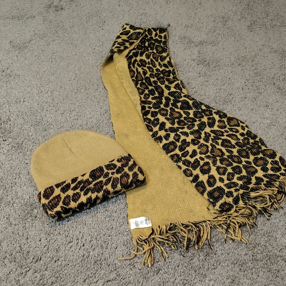 Leopard Print Scarf and Beanie Set